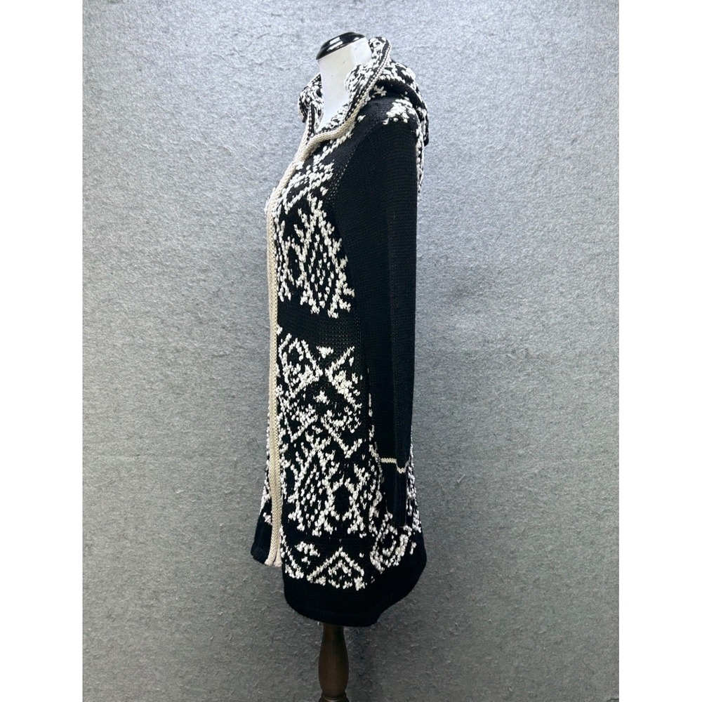 Venus Hooded Cardigan Women Size M Black White Geometric Excellent Longline Zip - Picture 4 of 12